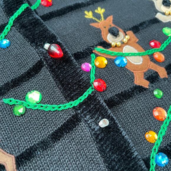 Jack B Quick Ugly Christmas Sweater Cardigan Reindeer Santa Medium Grandmacore - Picture 6 of 7